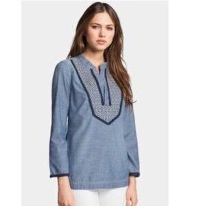 Tory Burch Chambray Embroidered Tunic Blouse Top 2